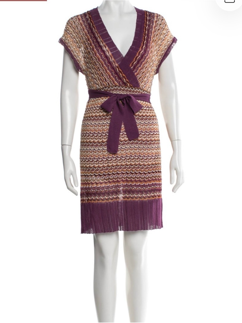 Missoni Purple and Tan Multi-Stripe Knit Wrap Dress with Belt and Fringe Hem